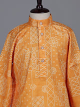 Light orange boys linen kurta suit with bandhani print