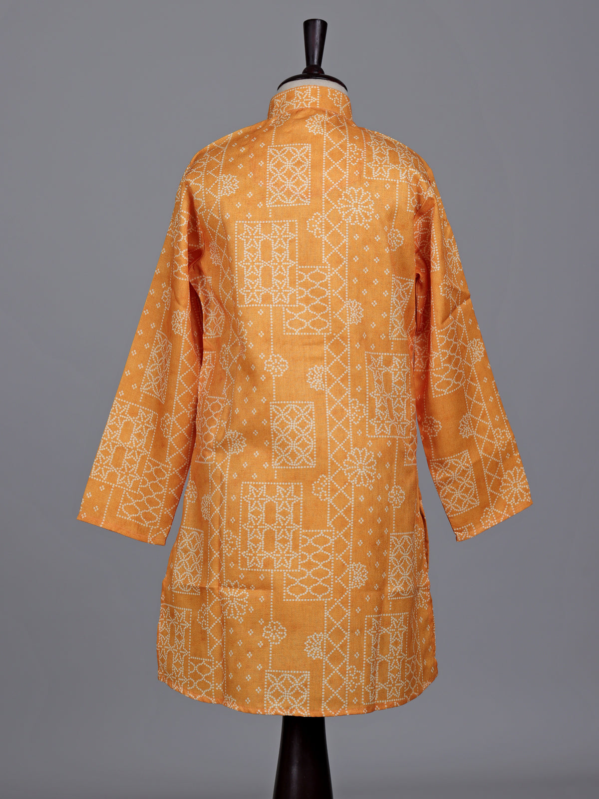 Light orange boys linen kurta suit with bandhani print