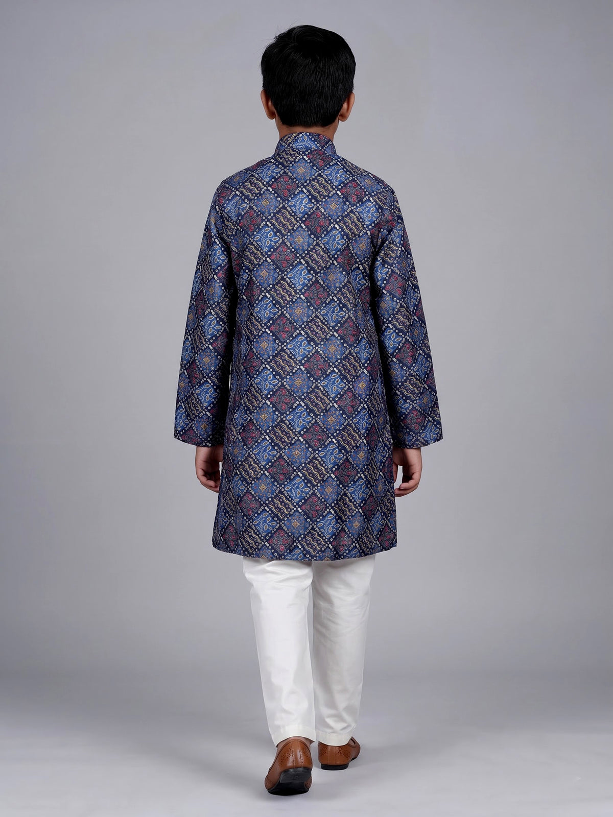 Blue boys silk blend kurta suit with printed thread weaving