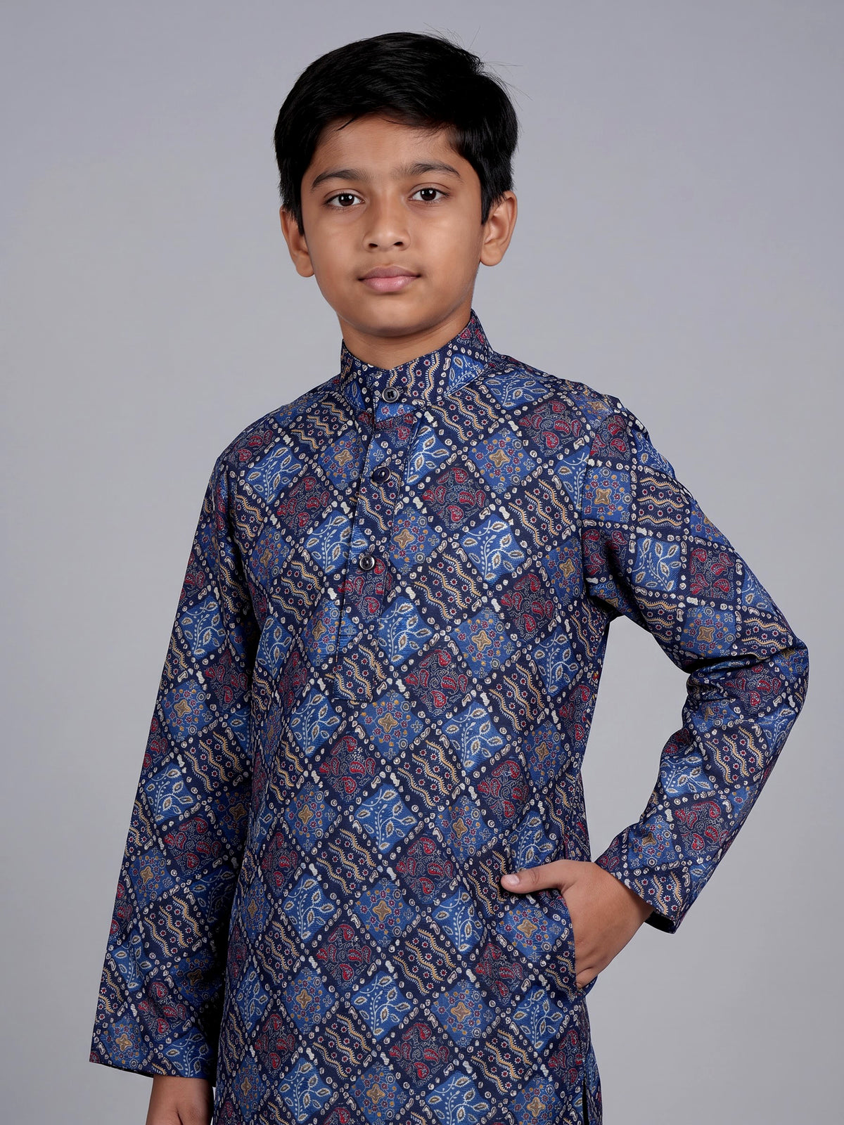 Blue boys silk blend kurta suit with printed thread weaving