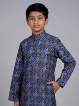 Blue boys silk blend kurta suit with printed thread weaving