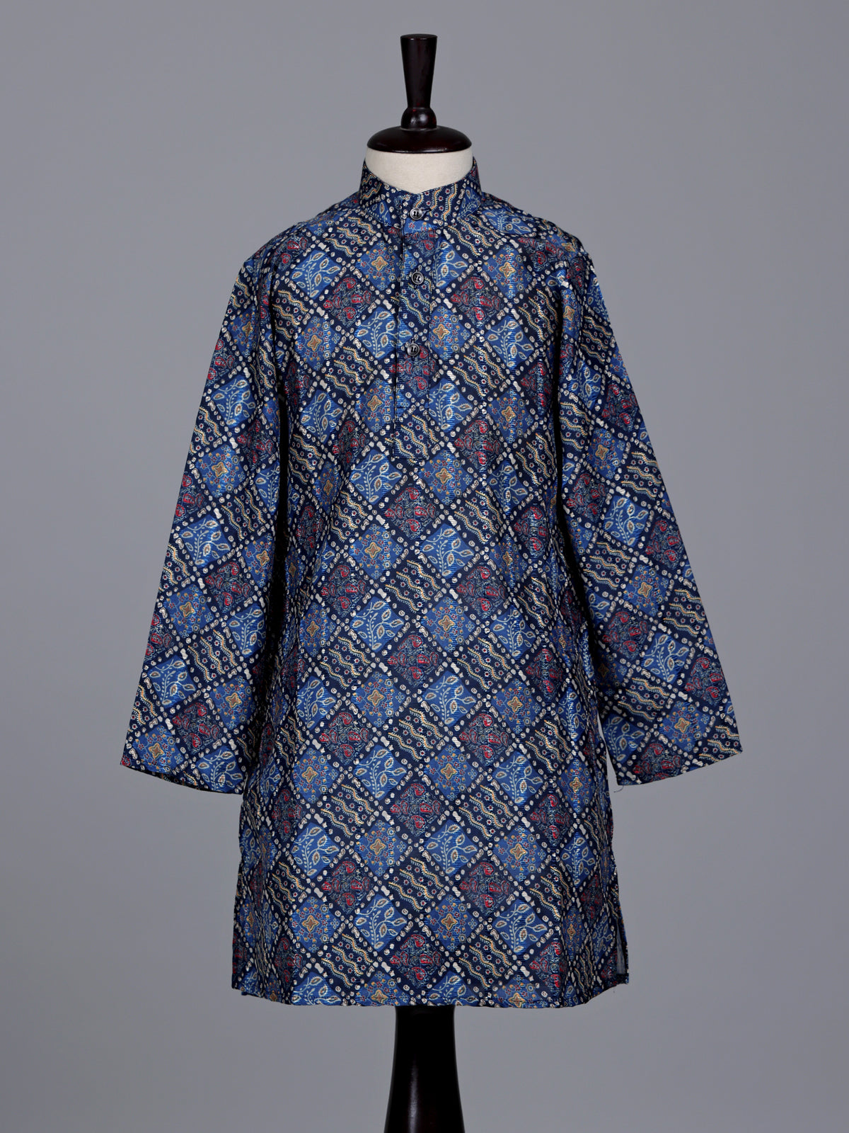Blue boys silk blend kurta suit with printed thread weaving