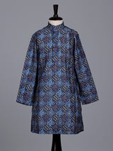 Blue boys silk blend kurta suit with printed thread weaving