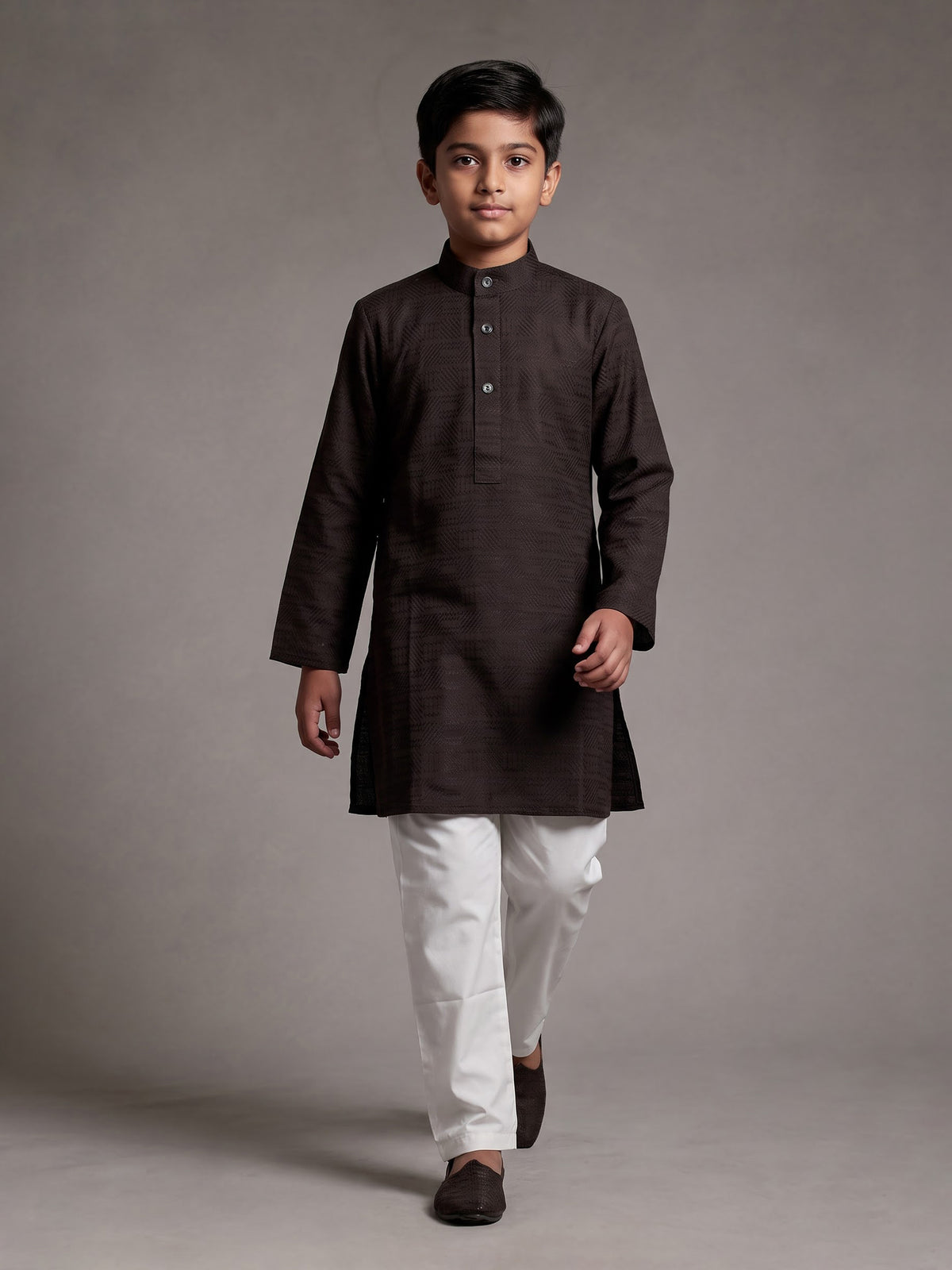 Brown boys cotton kurta suit with elegant thread weaving