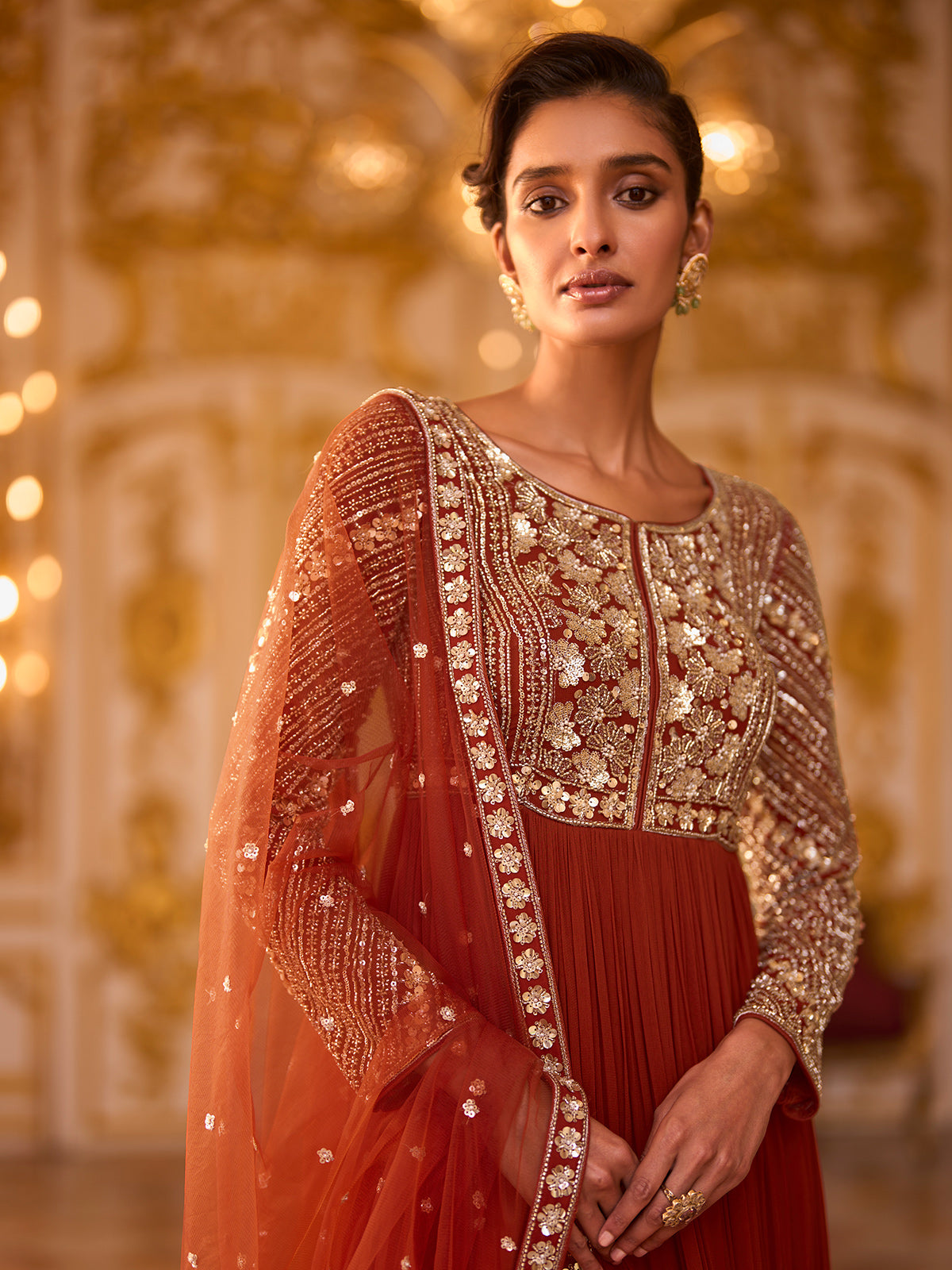 Rust orange exquisite embellished womens floor suit