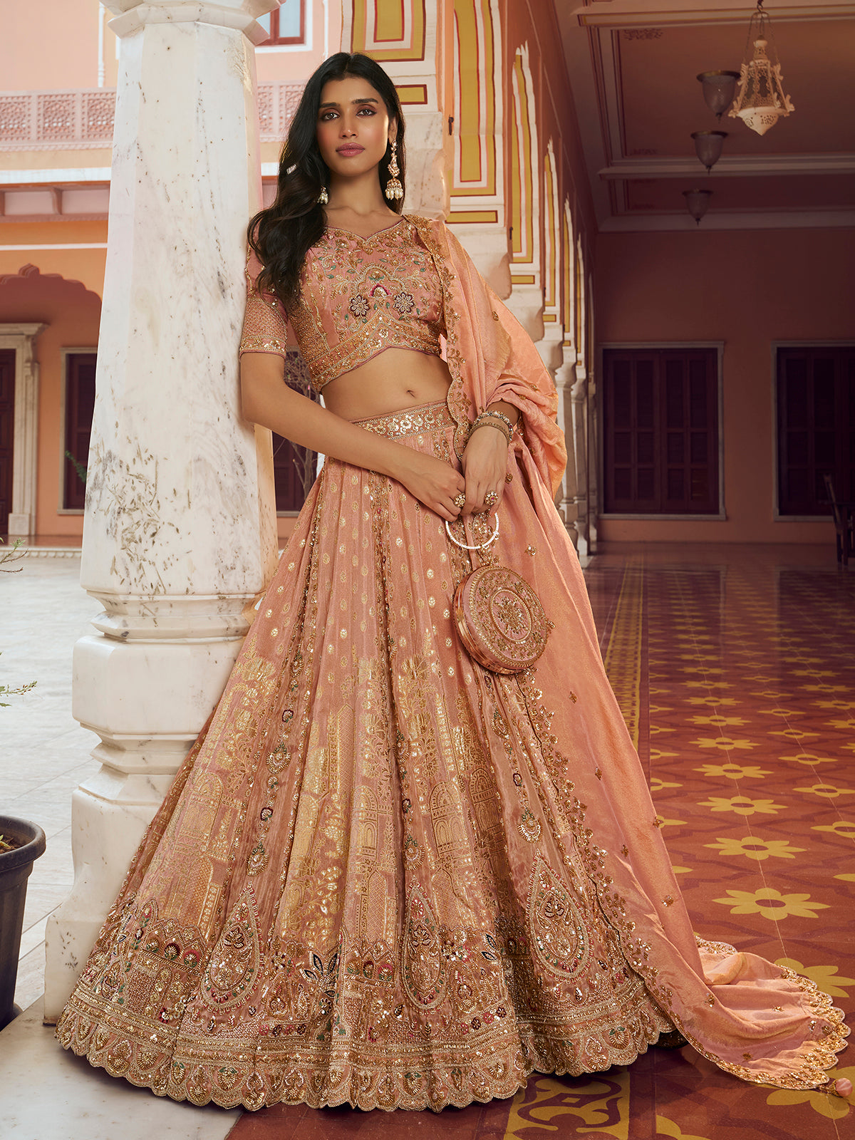 Onion pink floral silk women lehenga choli