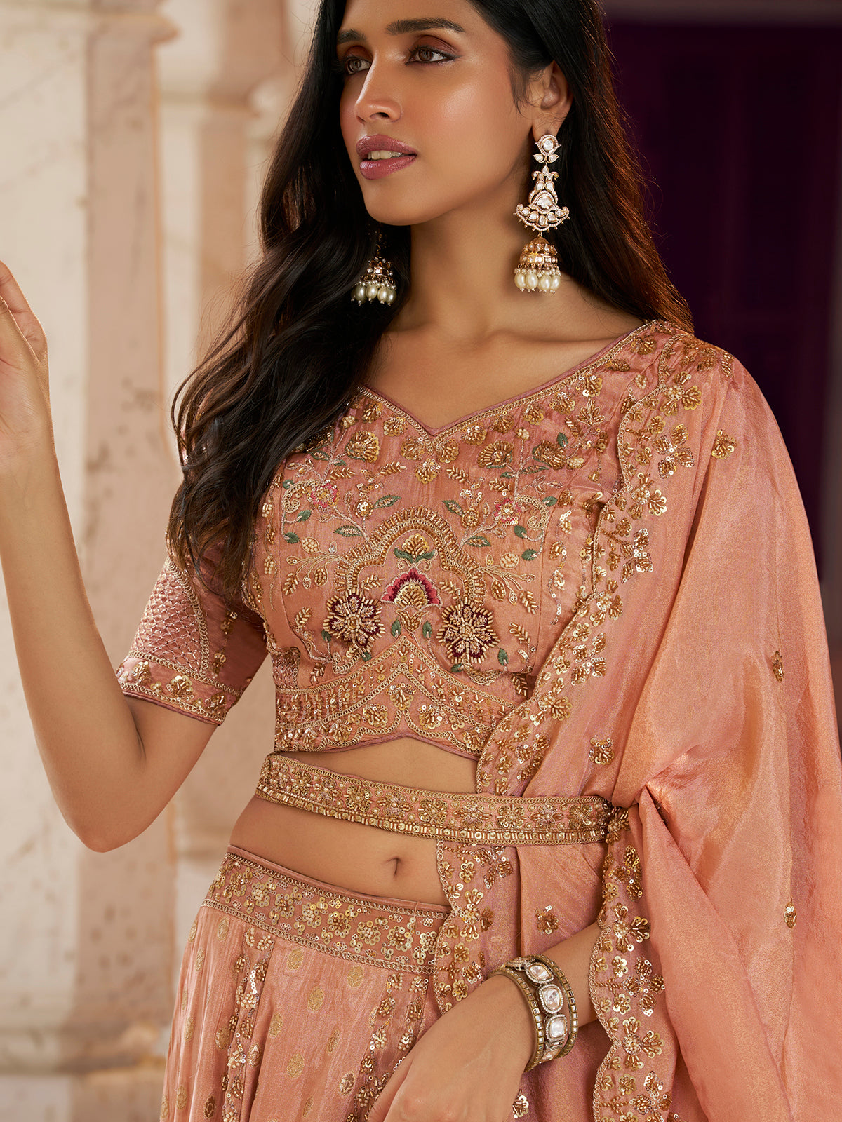 Onion pink floral silk women lehenga choli