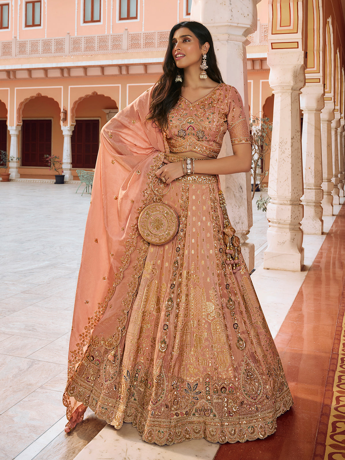 Onion pink floral silk women lehenga choli