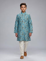 Sky blue boys linen kurta suit with refined floral print