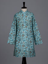 Sky blue boys linen kurta suit with refined floral print