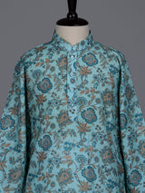 Sky blue boys linen kurta suit with refined floral print
