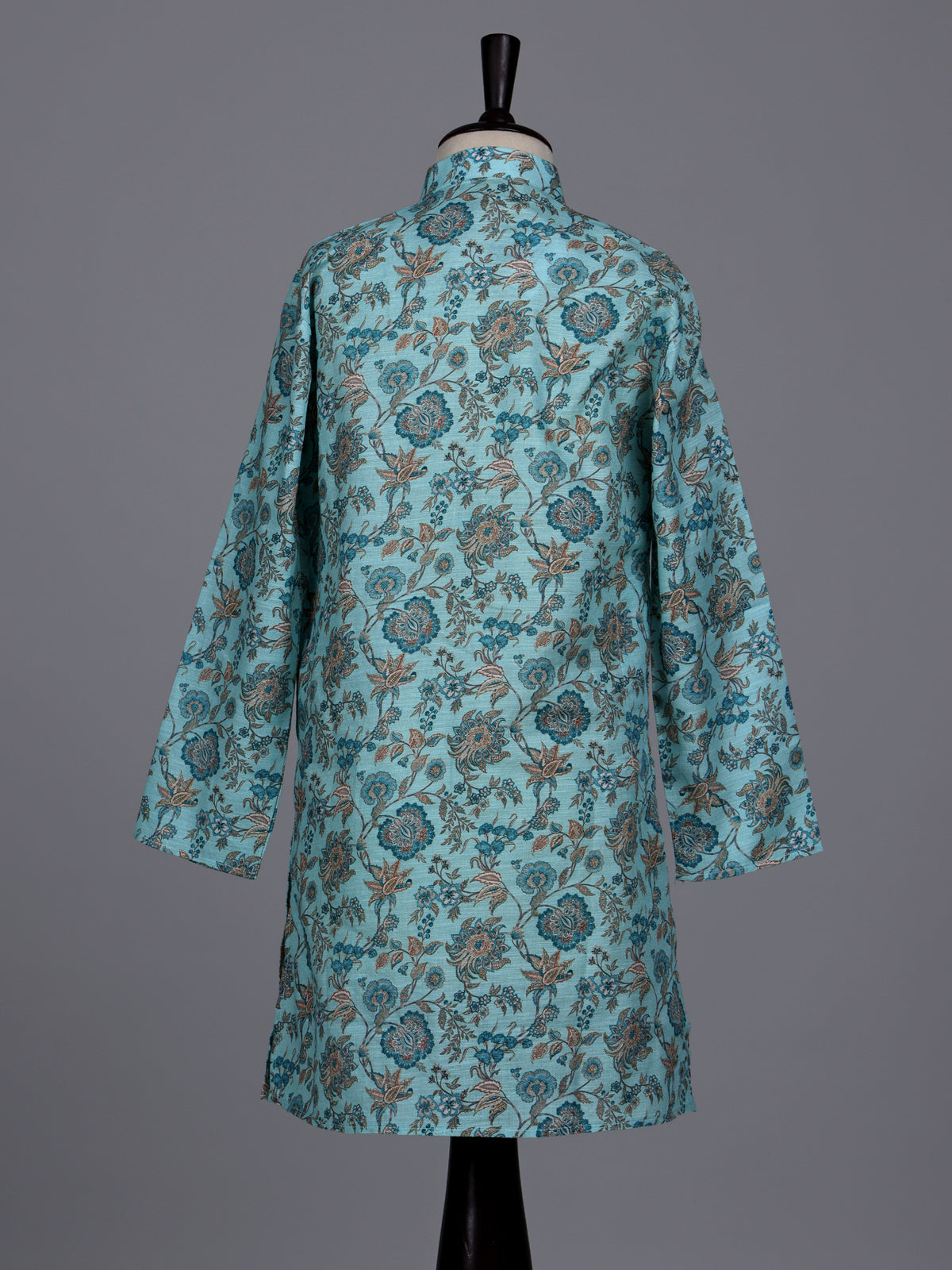 Sky blue boys linen kurta suit with refined floral print