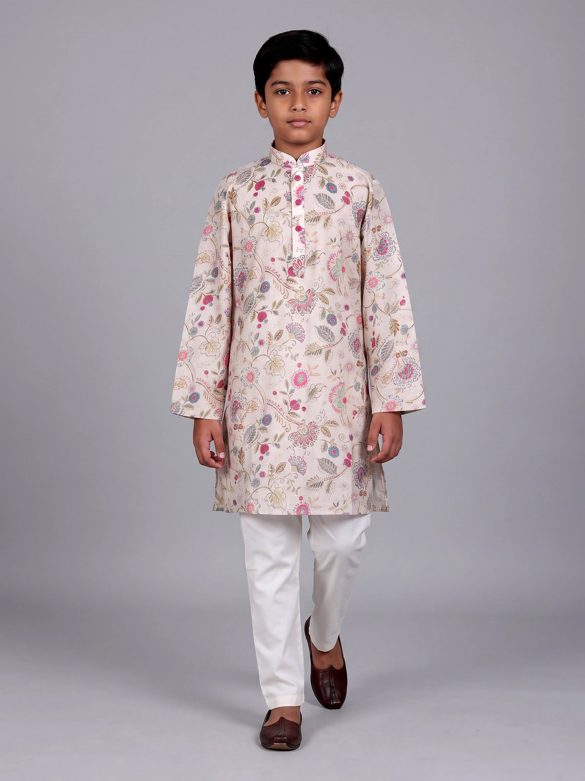 Beige boys linen kurta suit with elegant floral print