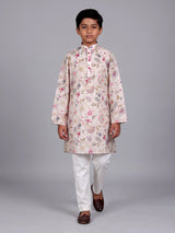 Beige boys linen kurta suit with elegant floral print