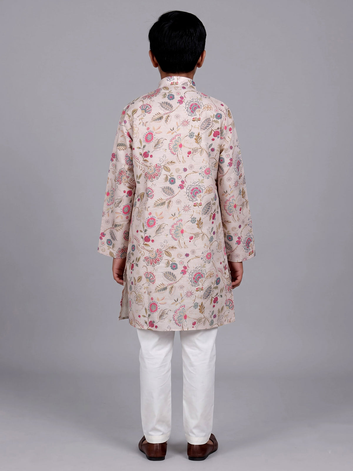 Beige boys linen kurta suit with elegant floral print