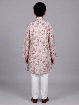 Beige boys linen kurta suit with elegant floral print