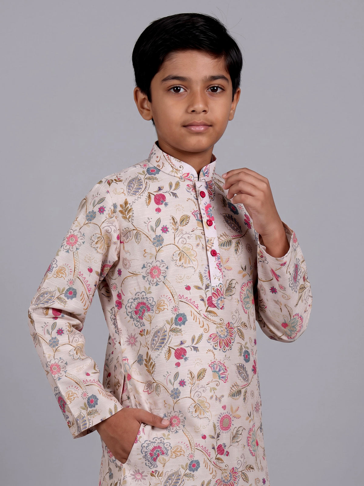 Beige boys linen kurta suit with elegant floral print
