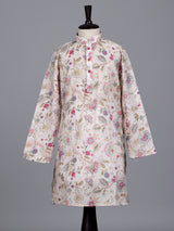 Beige boys linen kurta suit with elegant floral print