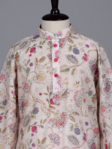 Beige boys linen kurta suit with elegant floral print