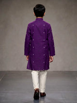 Purple boys cotton kurta suit with intricate butti thread work