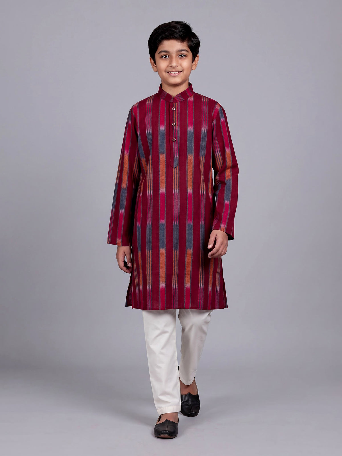 Maroon boys cotton silk kurta suit with elegant stripe print