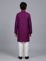 Purple boys cotton blend kurta suit with traditional butti print
