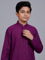 Purple boys cotton blend kurta suit with traditional butti print