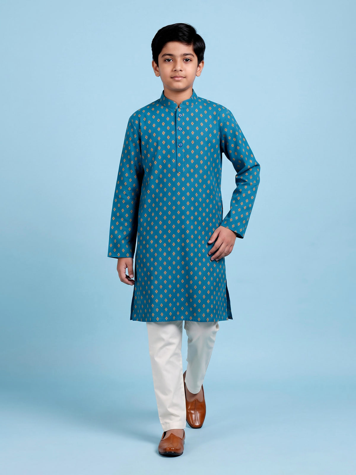 Aqua blue boys cotton blend kurta suit with butti print