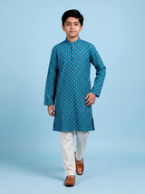 Aqua blue boys cotton blend kurta suit with butti print
