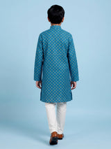 Aqua blue boys cotton blend kurta suit with butti print