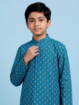 Aqua blue boys cotton blend kurta suit with butti print