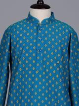 Aqua blue boys cotton blend kurta suit with butti print