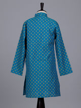 Aqua blue boys cotton blend kurta suit with butti print