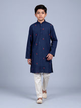 Blue boys cotton blend kurta suit with delicate butti work