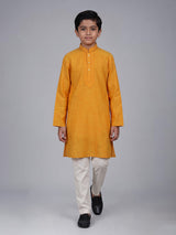 Mustard yellow boys cotton linen kurta suit with thread weaving