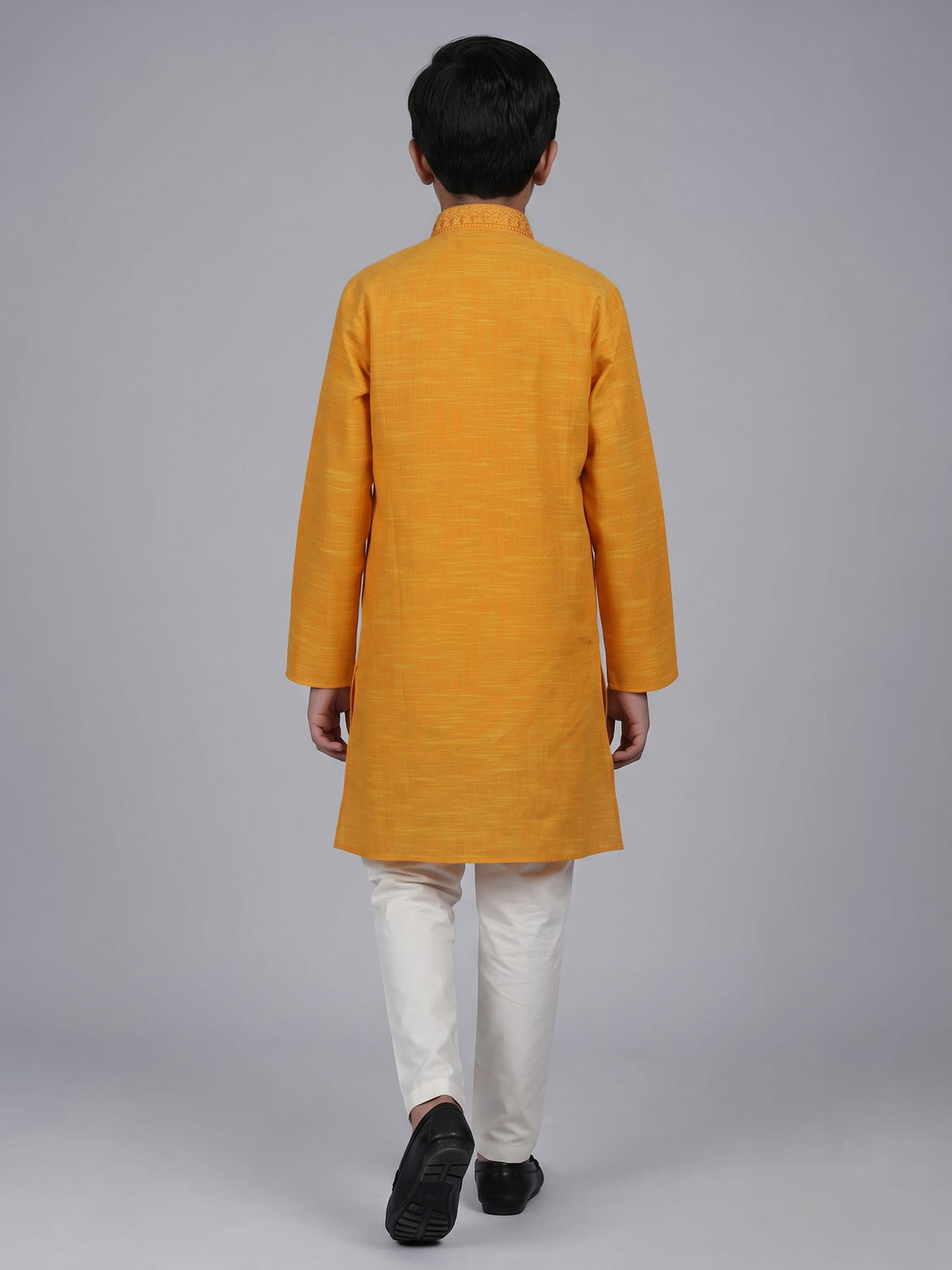 Mustard yellow boys cotton linen kurta suit with thread weaving
