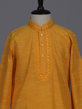 Mustard yellow boys cotton linen kurta suit with thread weaving
