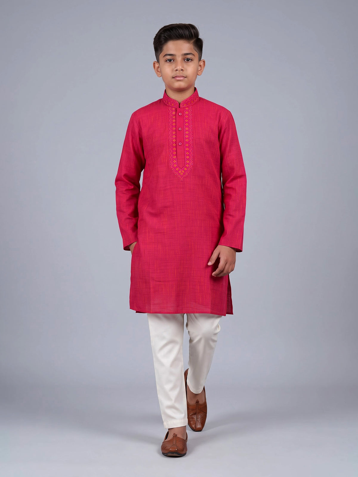 Hot pink boys cotton linen kurta suit with thread weaving
