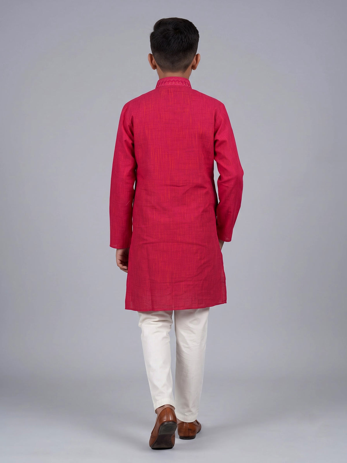 Hot pink boys cotton linen kurta suit with thread weaving