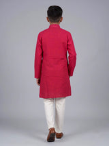 Hot pink boys cotton linen kurta suit with thread weaving