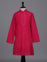 Hot pink boys cotton linen kurta suit with thread weaving