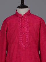 Hot pink boys cotton linen kurta suit with thread weaving
