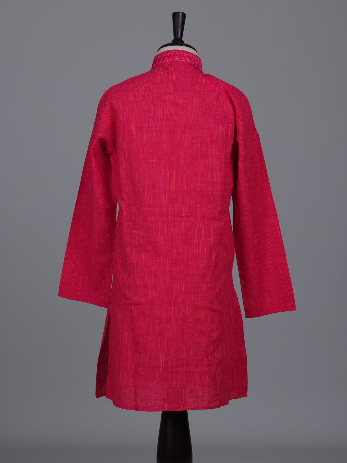 Hot pink boys cotton linen kurta suit with thread weaving