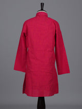 Hot pink boys cotton linen kurta suit with thread weaving