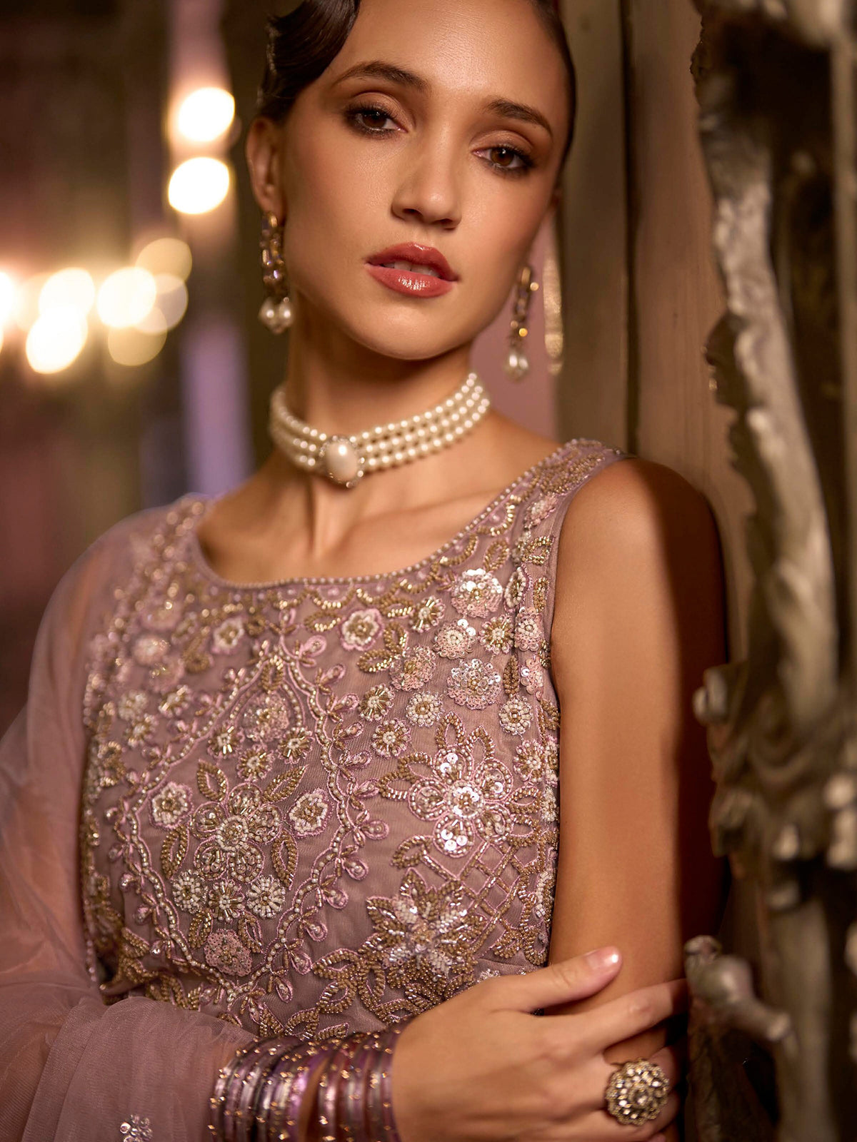 Cafe rose pink exquisite embroidered womens palazzo suit