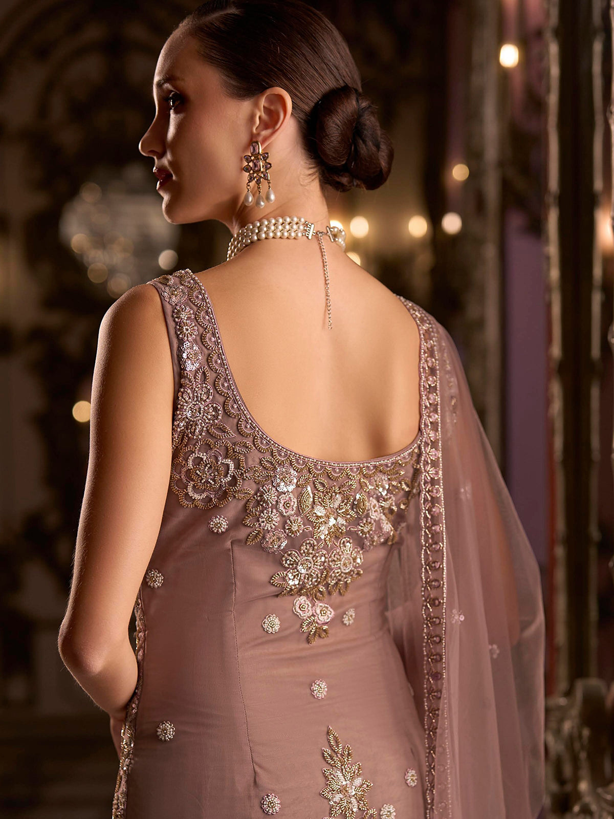 Cafe rose pink exquisite embroidered womens palazzo suit