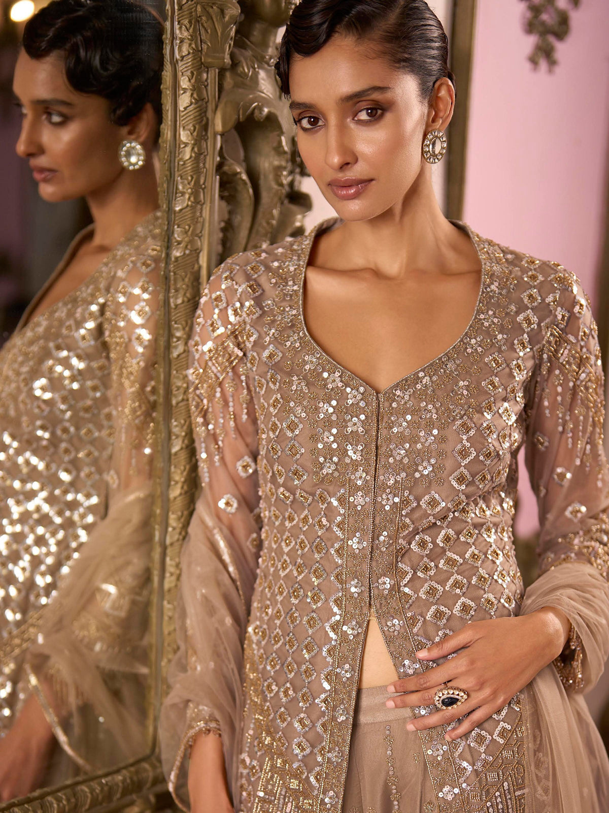 Ivory gold regal embellished womens palazzo suit