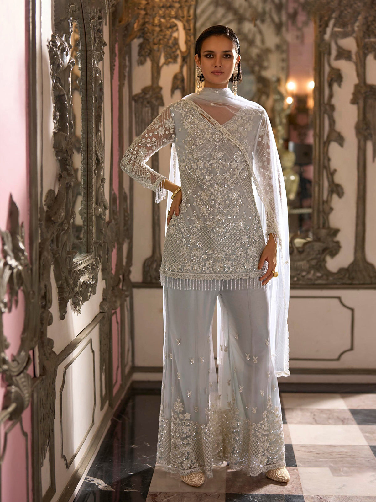 Ivory silver opulent pearl womens palazzo suit