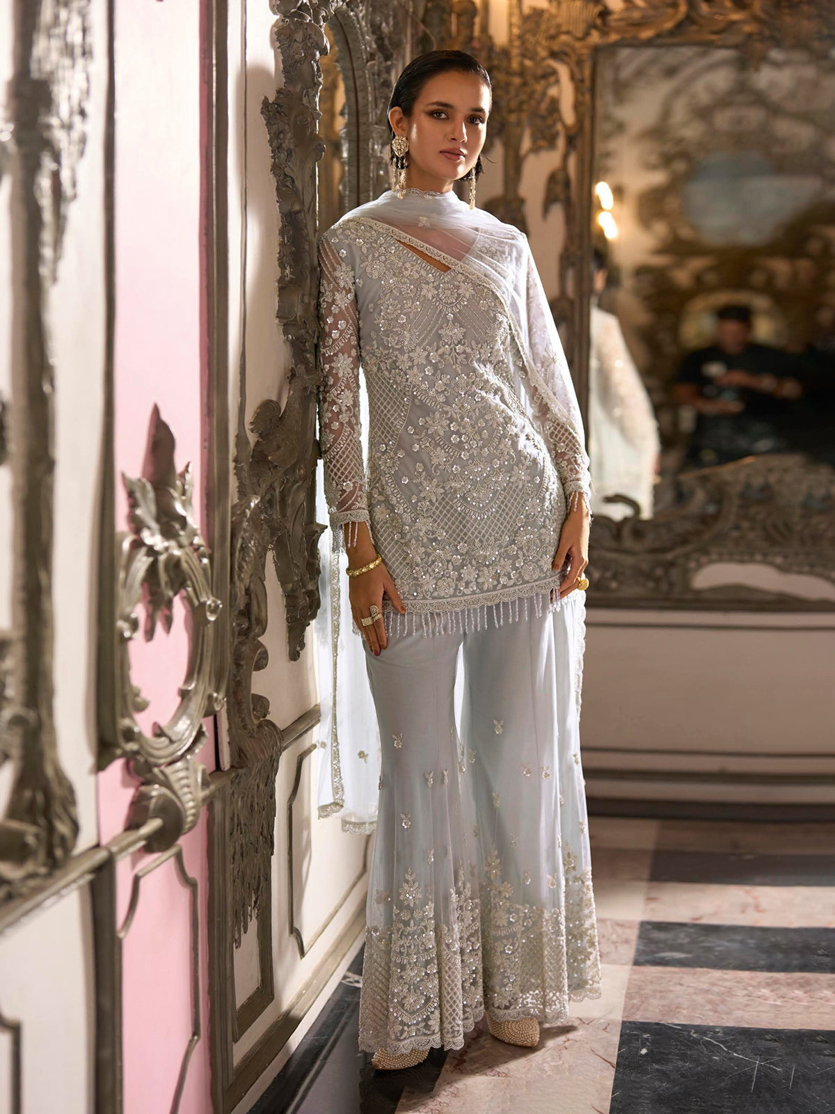 Ivory silver opulent pearl womens palazzo suit