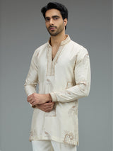 Cream stylish mens kurta pajama with zardosi work